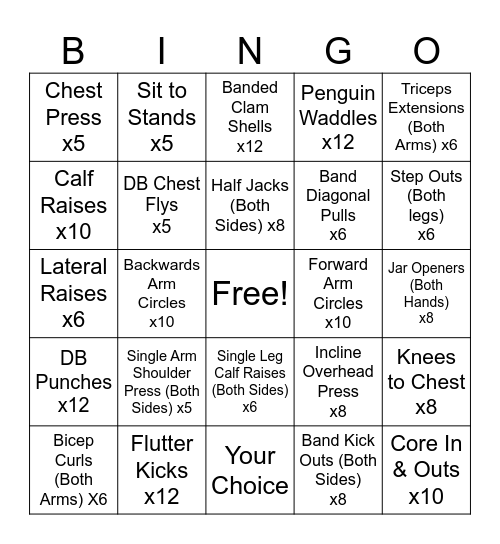 Silver Sneakers Bingo Card
