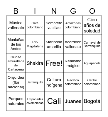 Colombia Bingo Card