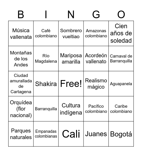 Colombia Bingo Card