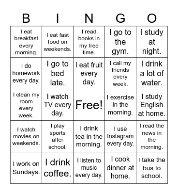 Daily Activities Bingo Card