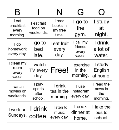 Daily Activities Bingo Card