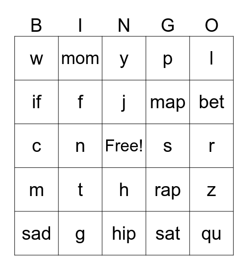 Kindergarten Bingo Card