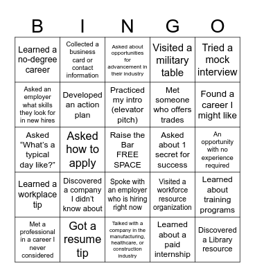 RAISE THE BAR Career Fair 2026 Bingo Card