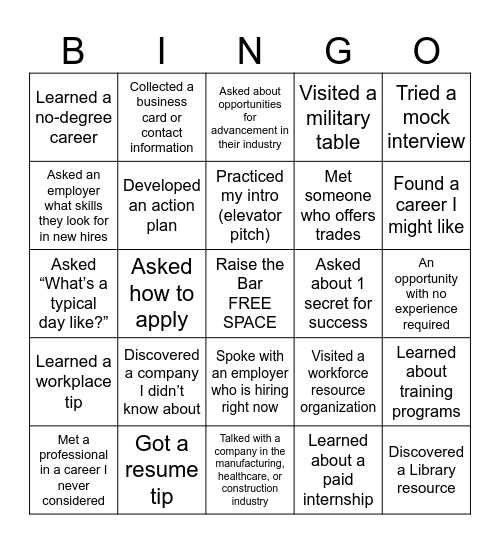 RAISE THE BAR Career Fair 2026 Bingo Card