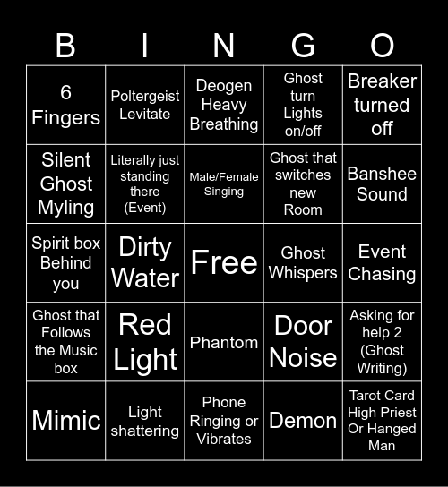 Phasmophobia Bingo Card