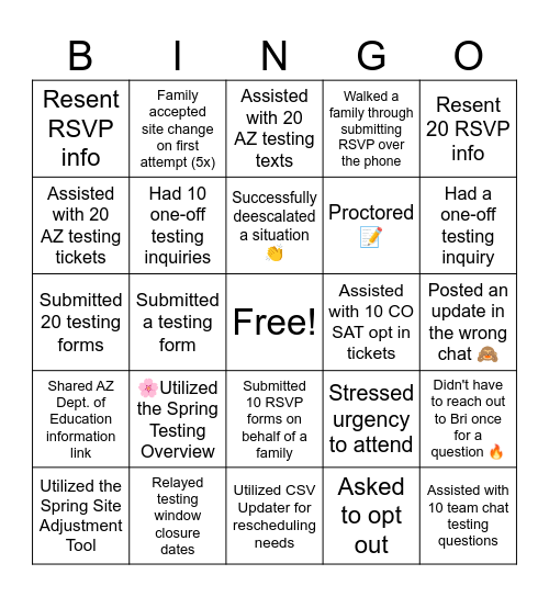 2026 State Testing Bingo Card