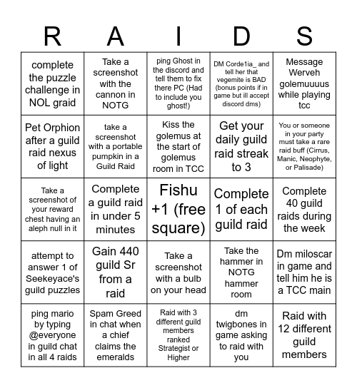 HSP Guild Raid Bingo Card