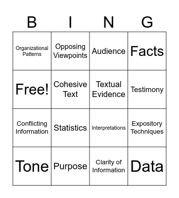 Expository Vocabulary Bingo Card