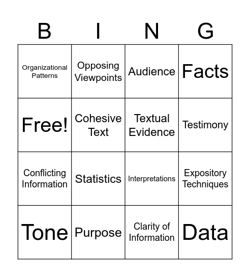 Expository Vocabulary Bingo Card