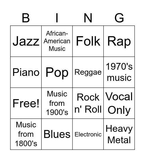 Musical Styles Bingo Card