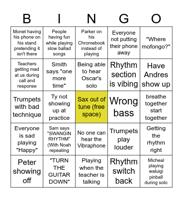 Jazz Band Practice Bingo Card