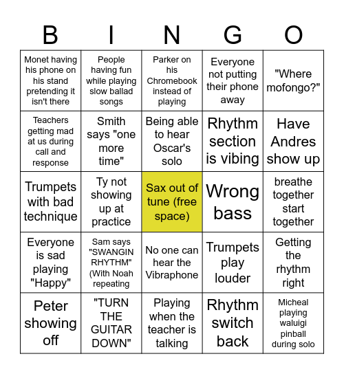 Jazz Band Practice Bingo Card