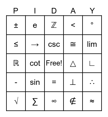 PI DAY BINGO CARD Bingo Card