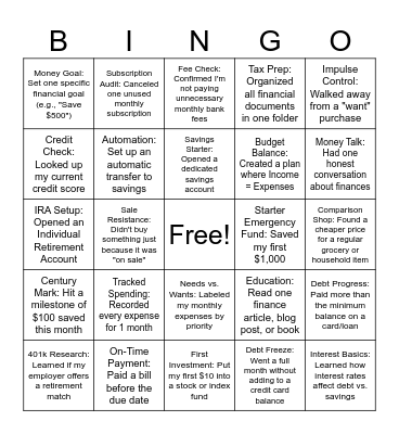 Financial Wellness Bingo Card
