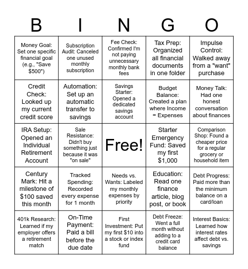 Financial Wellness Bingo Card