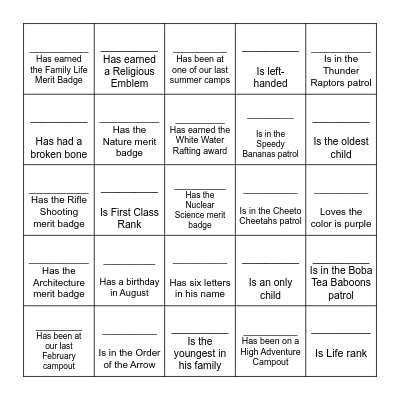 Troop 298 Blackout Bingo: Find someone who fits the description on the box and put the person's name at the top of the box. Each box can only be filled by a person twice. The first people to come up and have me review it will get candy. Bingo Card