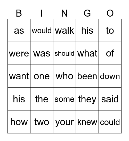 Sight Words Bingo Card