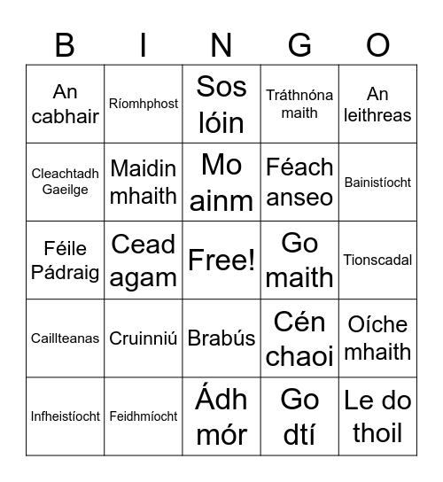 Seachtain Na Gaeilge Bingo Card