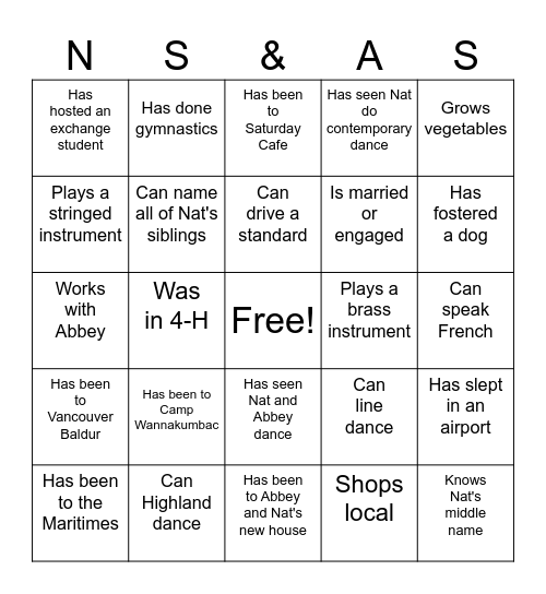 Abbey and Nat's Shower Bingo Card