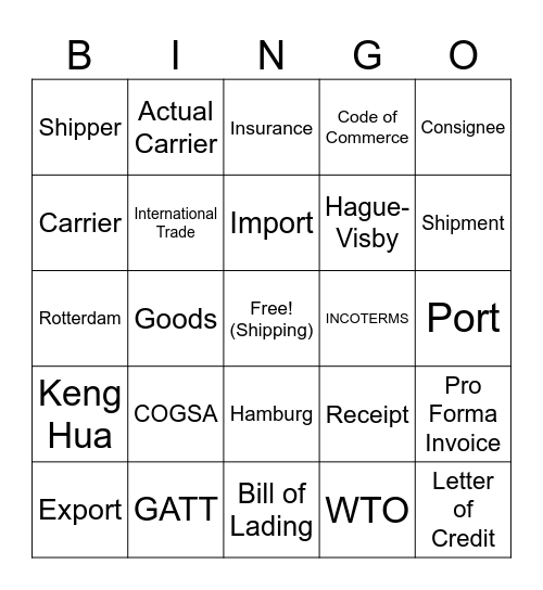 Bingo of Lading Bingo Card