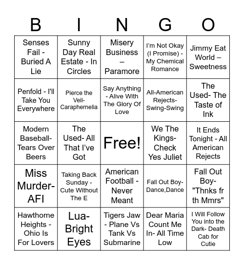 Emo Music Bingo Night Round 1 Bingo Card