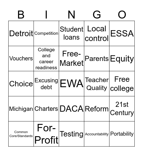 EWA Bingo - DeVos Confirmation Hearing Bingo Card