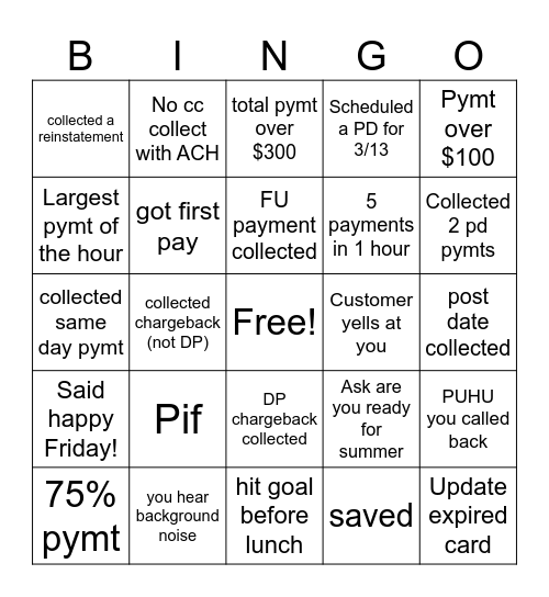 Afternoon Bingo Card