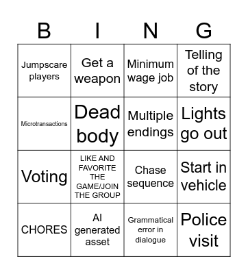 shitty roblox horror game bingo Card