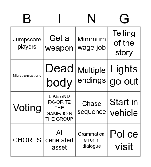 shitty roblox horror game bingo Card