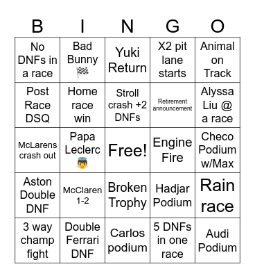 GCT F1 bingo Card