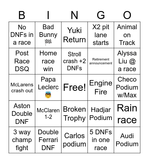 GCT F1 bingo Card