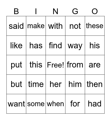 Star Words Bingo Card