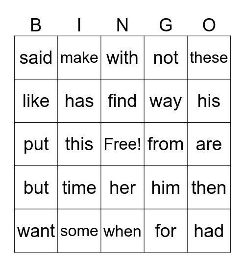 Star Words Bingo Card