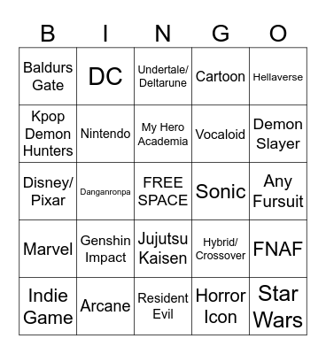Cosplay Bingo Card