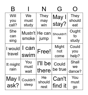 Modal Verbs Bingo Card