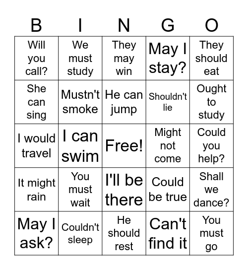 Modal Verbs Bingo Card
