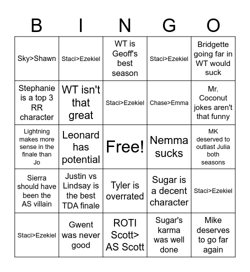 Unpopular Opinions Bingo Card