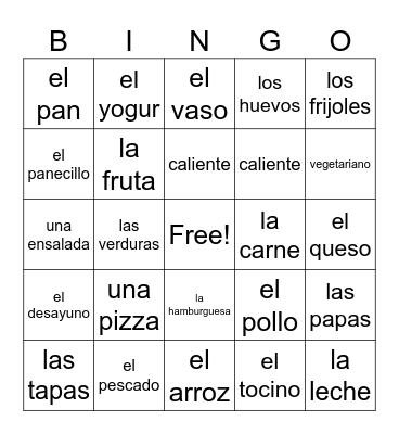 Comidas y Bebidas Bingo Card