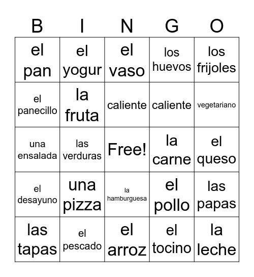 Comidas y Bebidas Bingo Card