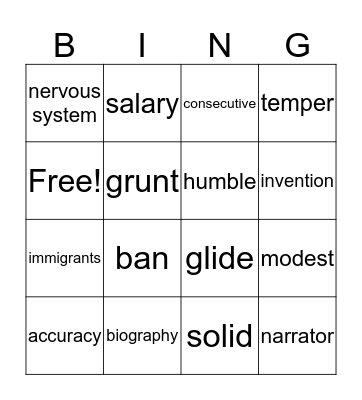 4th Grade Vocabulary Review Bingo Card