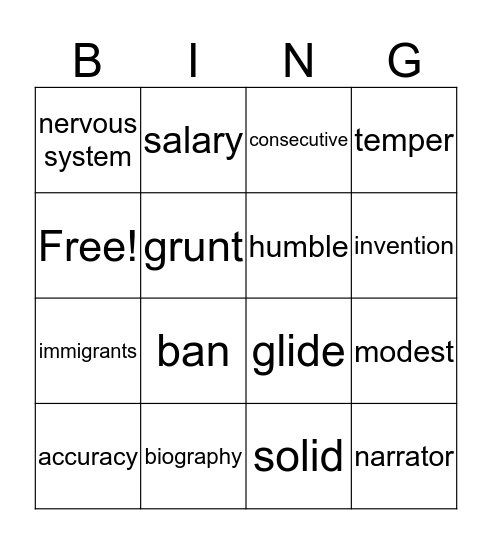4th Grade Vocabulary Review Bingo Card