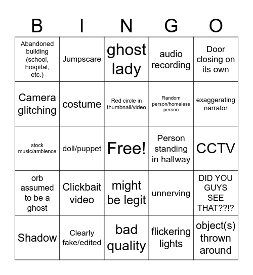 OLD scary youtube video bingo Card