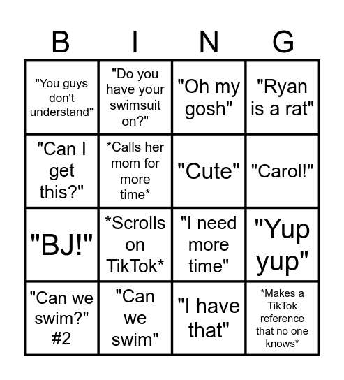 Rory Bingo Card