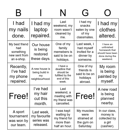 Passive voice and have sth done BINGO Card