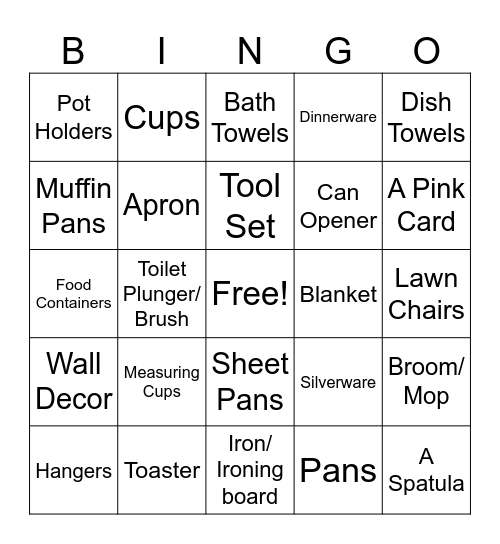 Bridal Gift Bingo Card