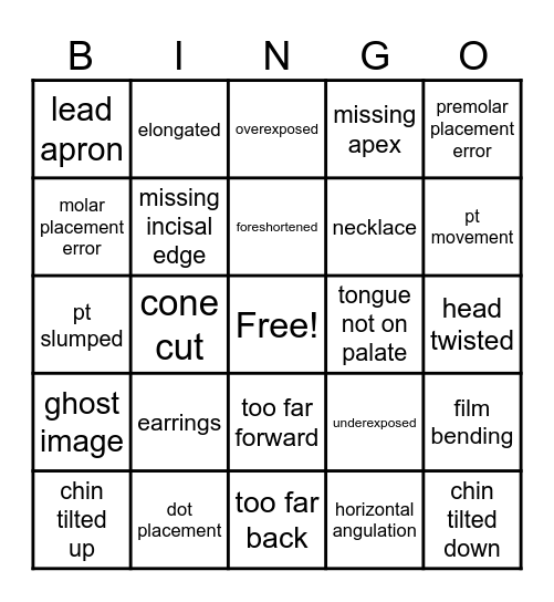 X-ray Errors Bingo Card
