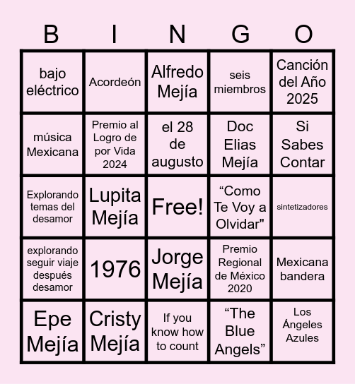 SI SABER CONTAR (Los Ángeles Azules) Bingo Card