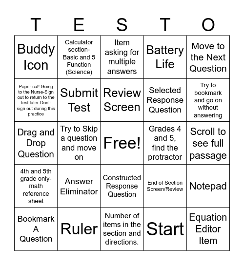 MCAP Test Features Bingo Card