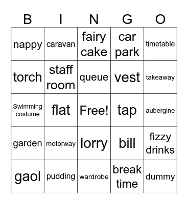 British vs American English Bingo Card