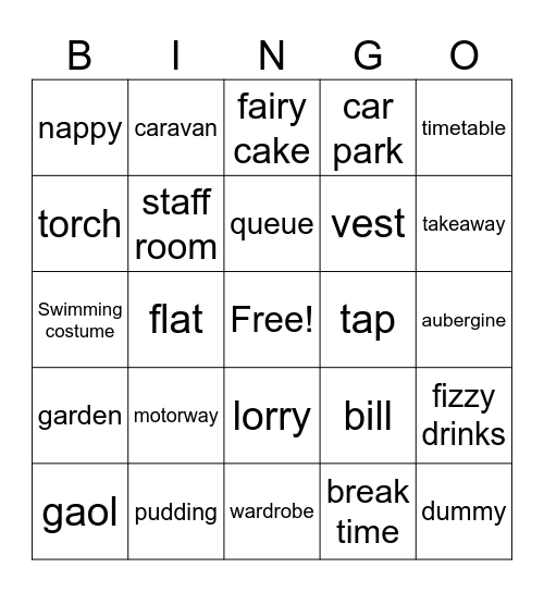 British vs American English Bingo Card